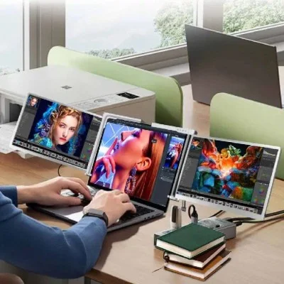 Powerology Dual Screen Portable Monitor 13.3" To 17.3" Laptops Single Wire Connection - Silver